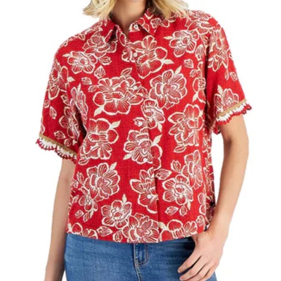 Nautica Jeans Red Floral Print Lace Trim Siesta Key Beach Shirt Size M - Picture 1 of 12